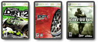 Videospiel-Cover von DiRT 2, PGR4 und Call of Duty 4